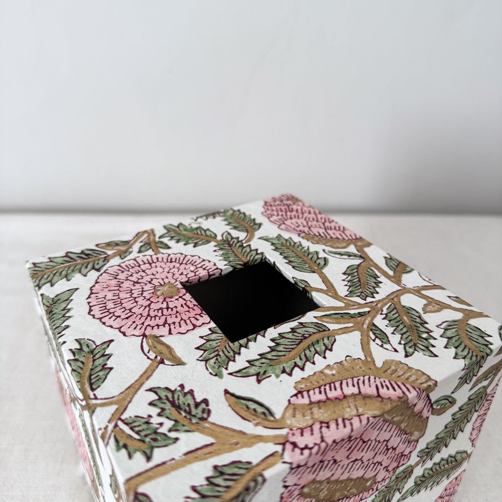 Peony block print tissue box cover square and rectangular sizes – Making SAGAK