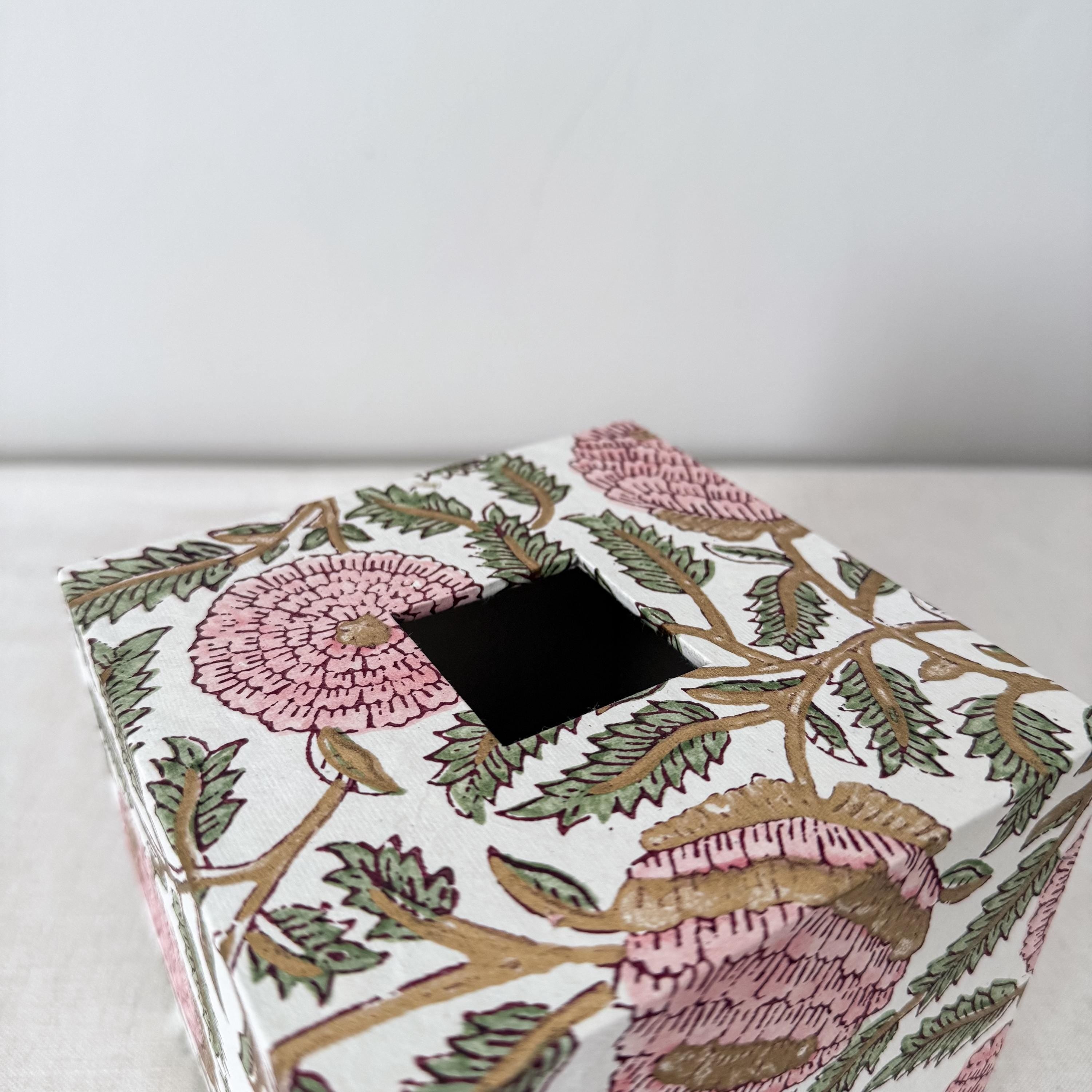 Peony block print tissue box cover square and rectangular sizes – Making SAGAK
