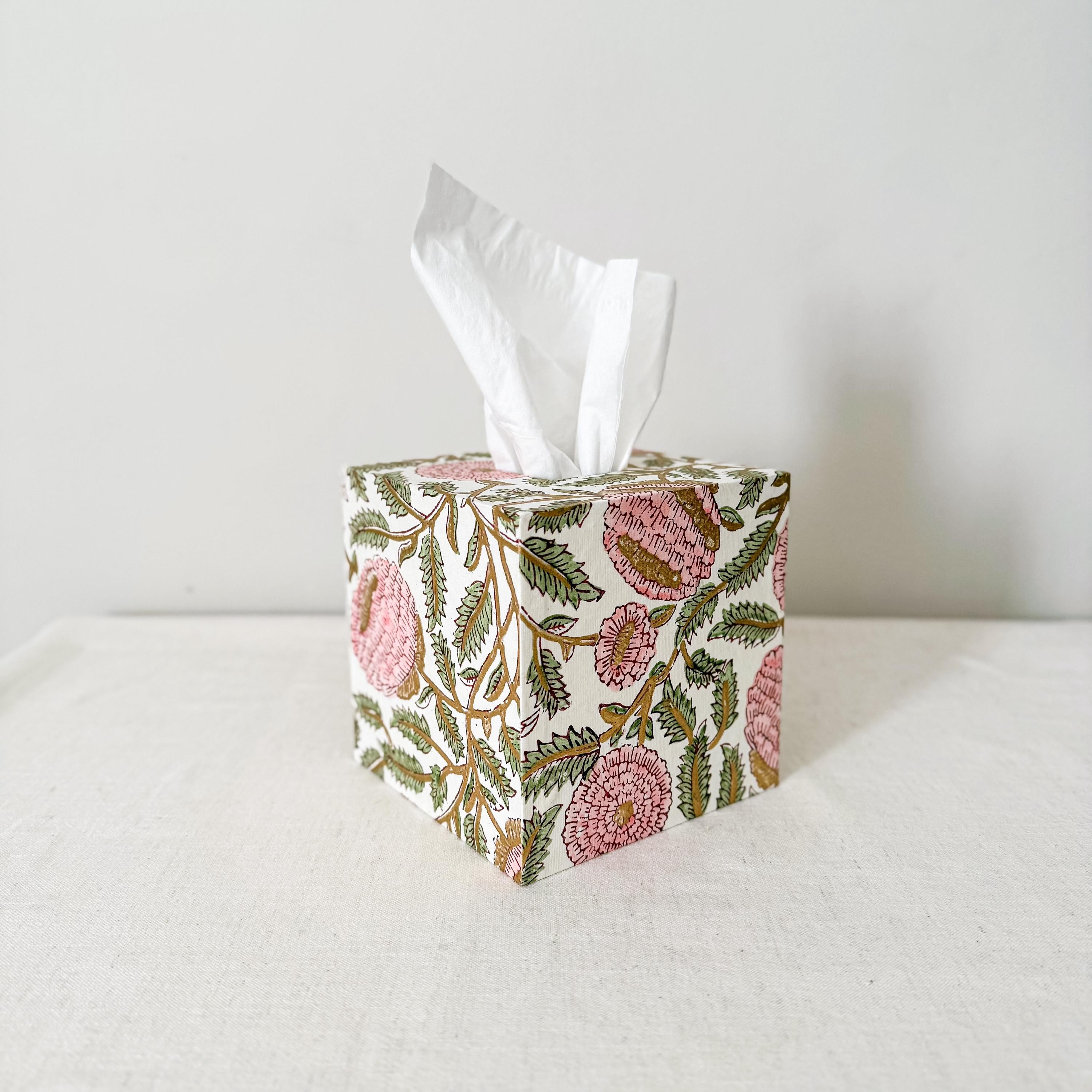 Peony block print tissue box cover square handmade in UK – Making SAGAK