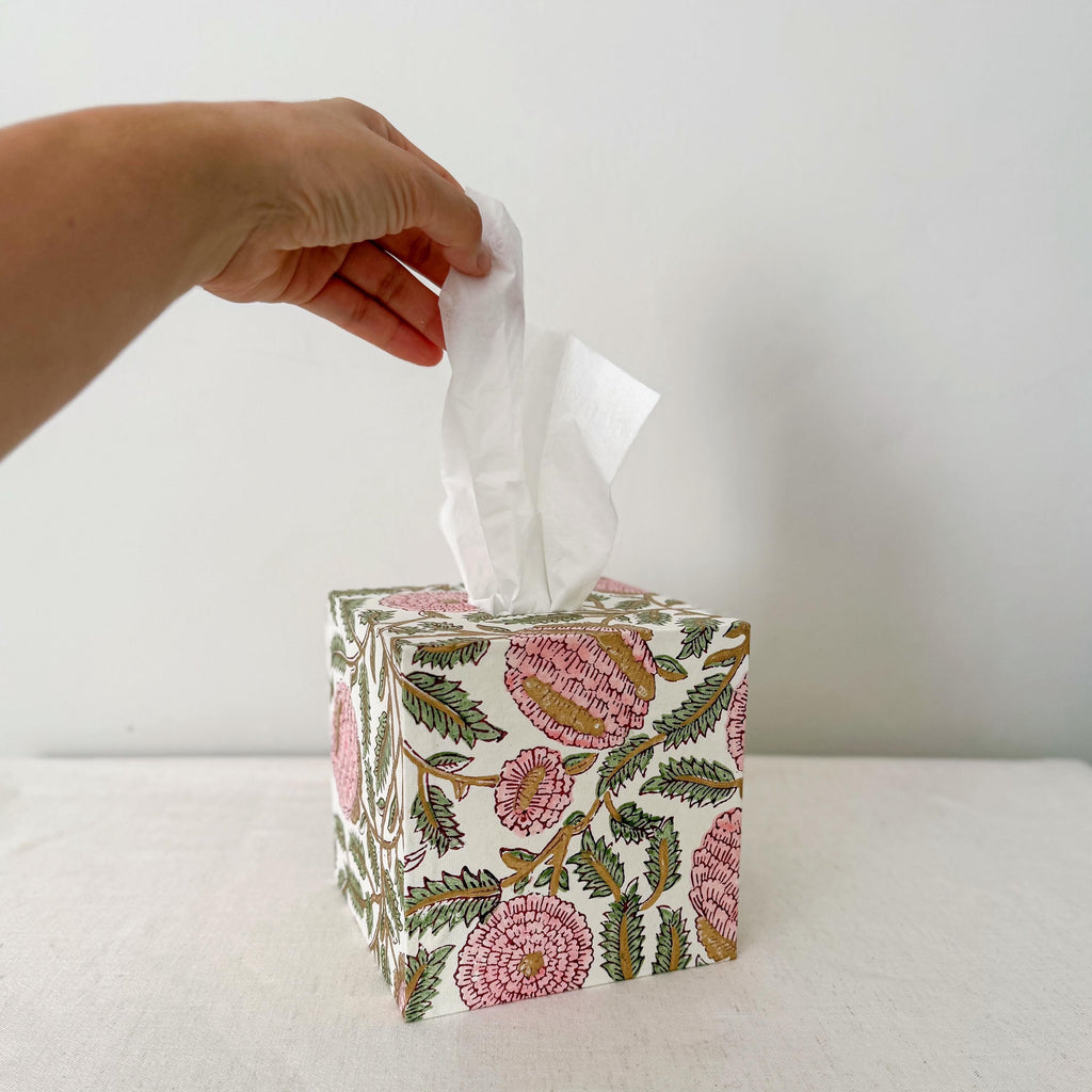 Handmade tissue box cover peony floral print hand in use – Making SAGAK