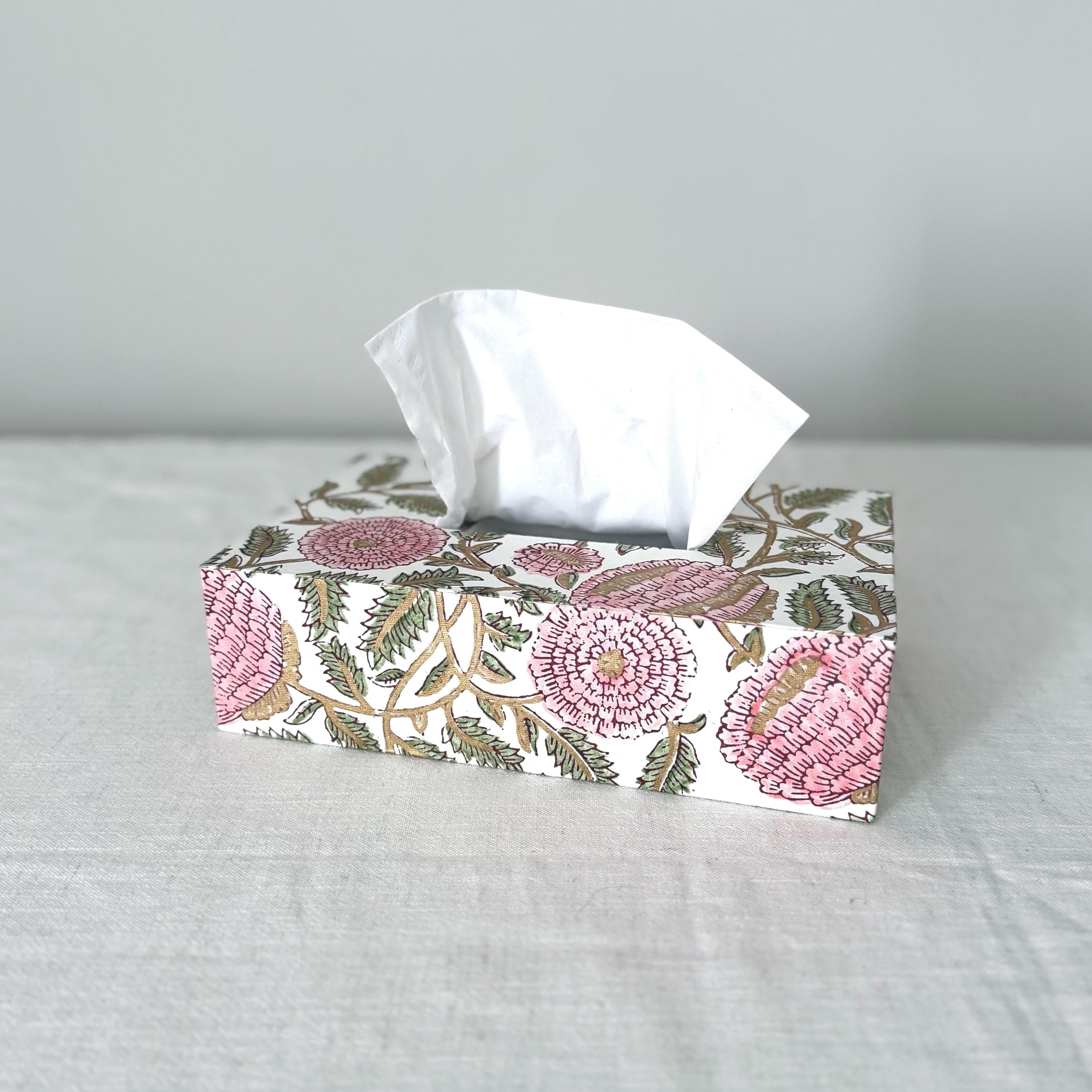 Rectangular peony block print tissue box cover handmade UK – Making SAGAK