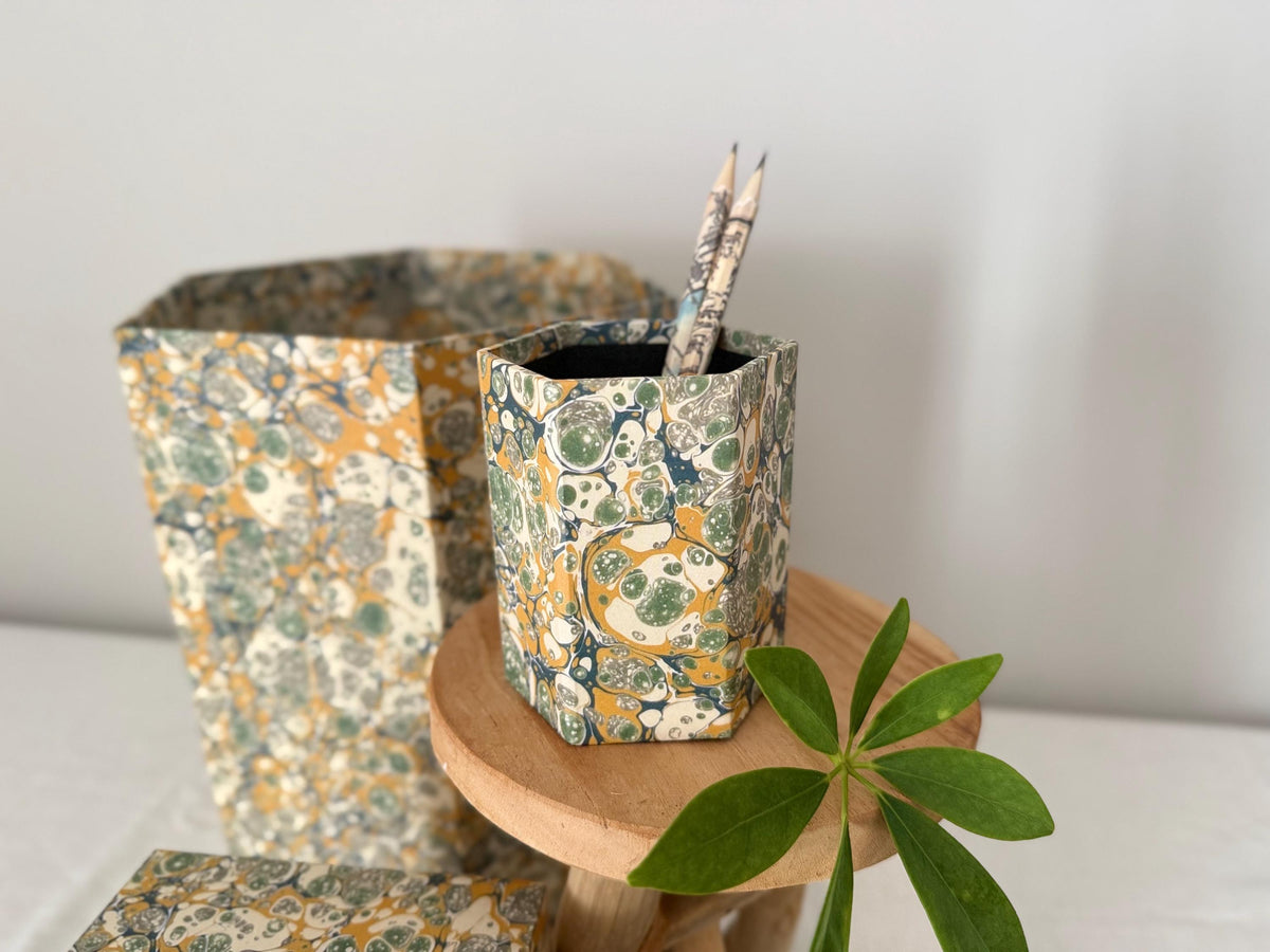 Marbled Desk Set — Tissue Box Cover, Waste Bin & Pen Pot