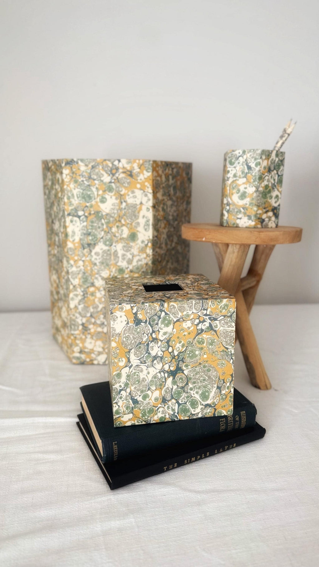 Marbled Desk Set — Tissue Box Cover, Waste Bin & Pen Pot