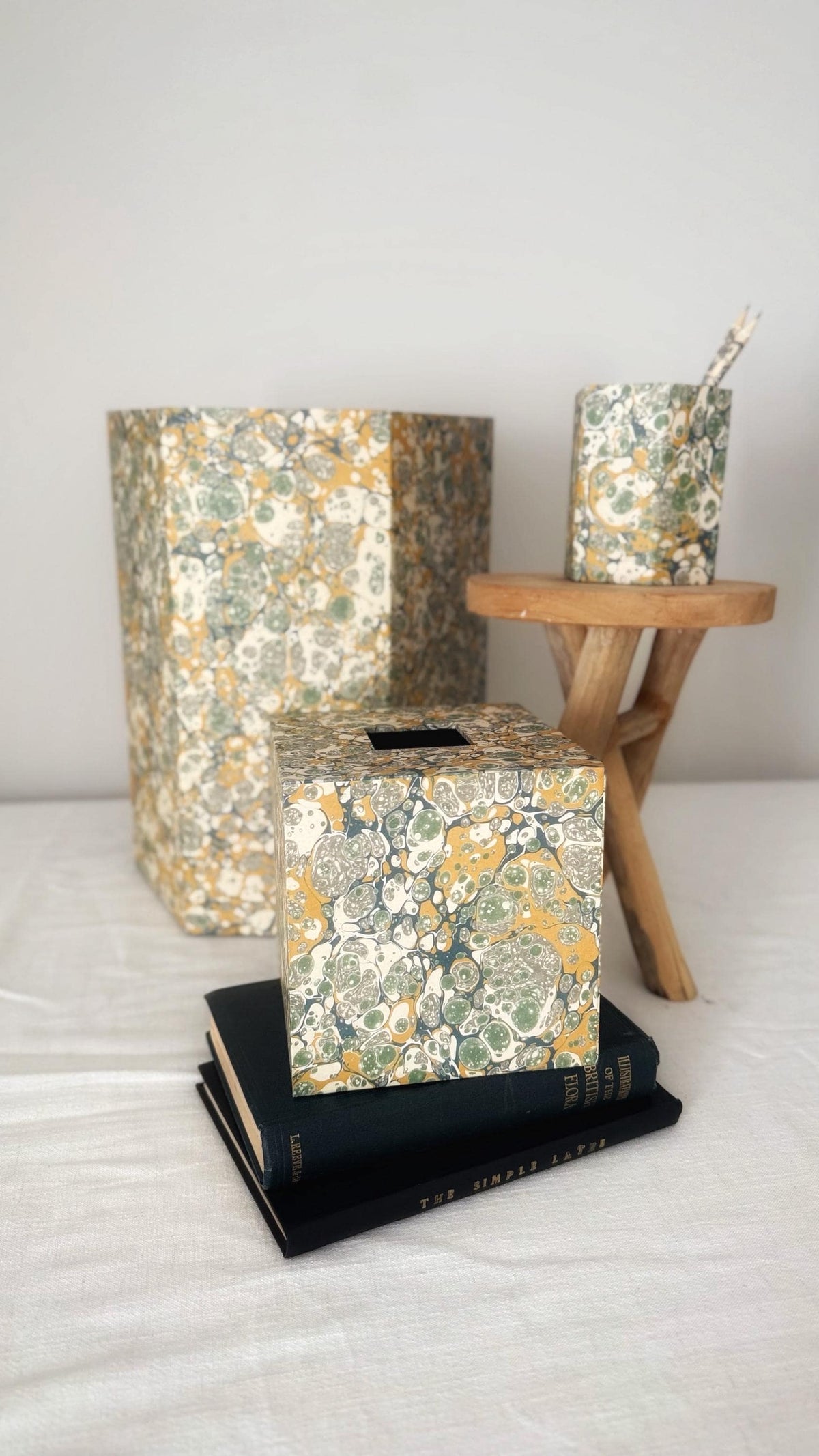 Marbled Desk Set — Tissue Box Cover, Waste Bin & Pen Pot