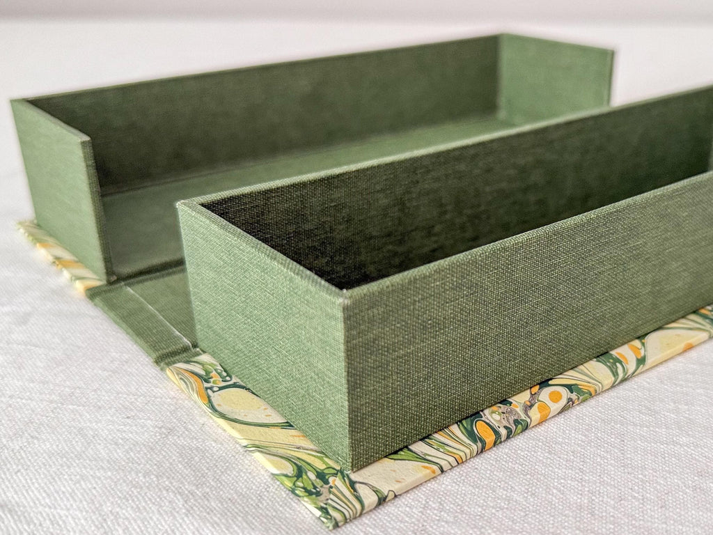 Hand Marbled Clamshell Box, One of a Kind Green Desk Organiser, Glasses Case