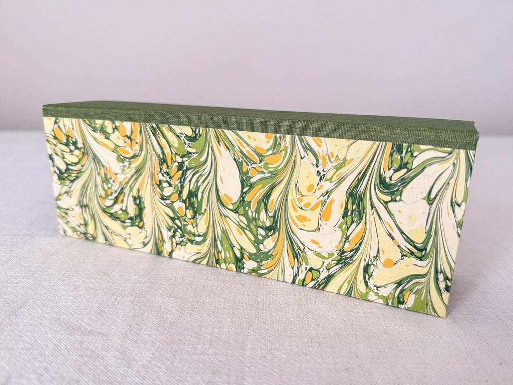 Hand Marbled Clamshell Box, One of a Kind Green Desk Organiser, Glasses Case