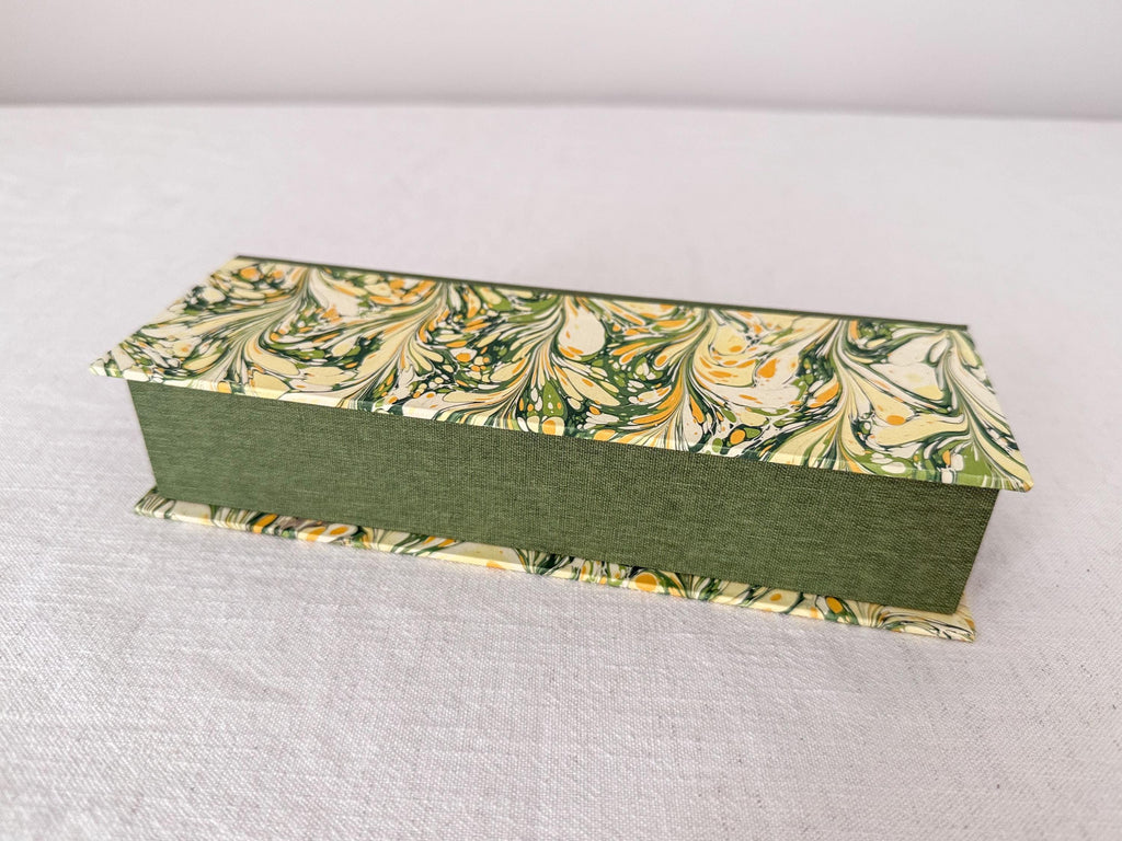 Hand Marbled Clamshell Box, One of a Kind Green Desk Organiser, Glasses Case