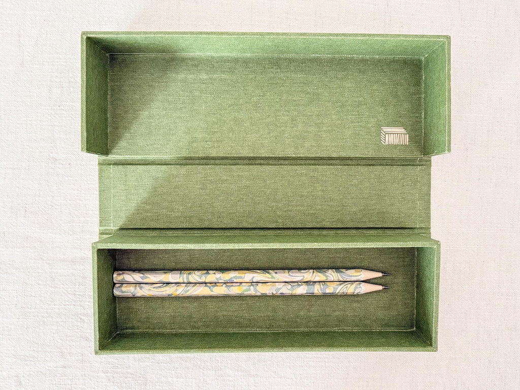 Hand Marbled Clamshell Box, One of a Kind Green Desk Organiser, Glasses Case