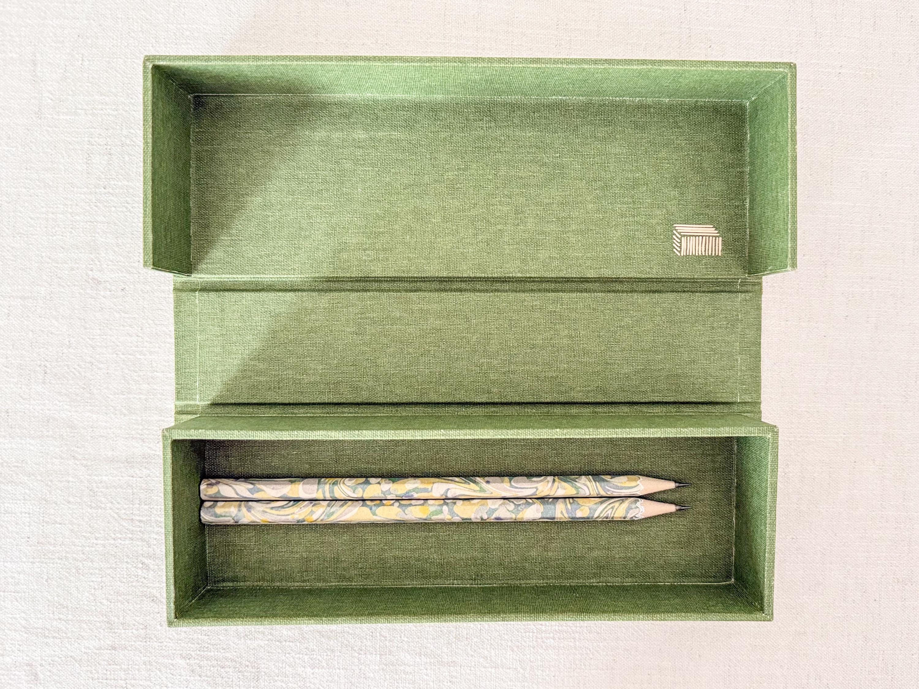 Hand Marbled Clamshell Box, One of a Kind Green Desk Organiser, Glasses Case