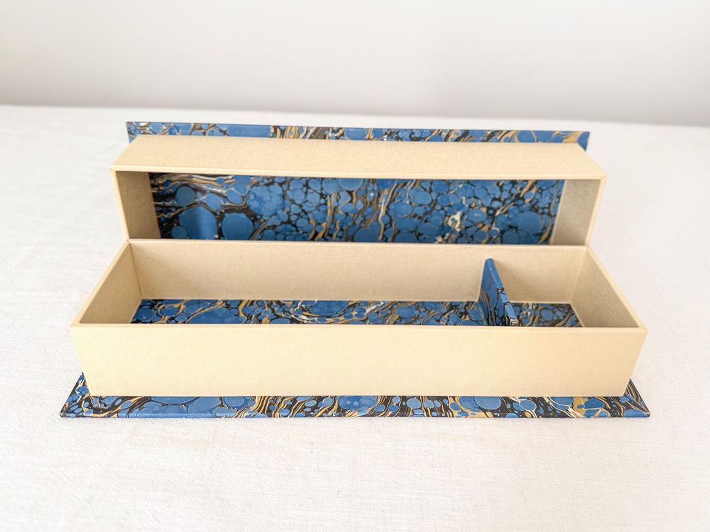Large Hand Marbled Clamshell Box, One of a Kind Blue Desk Organiser Storage