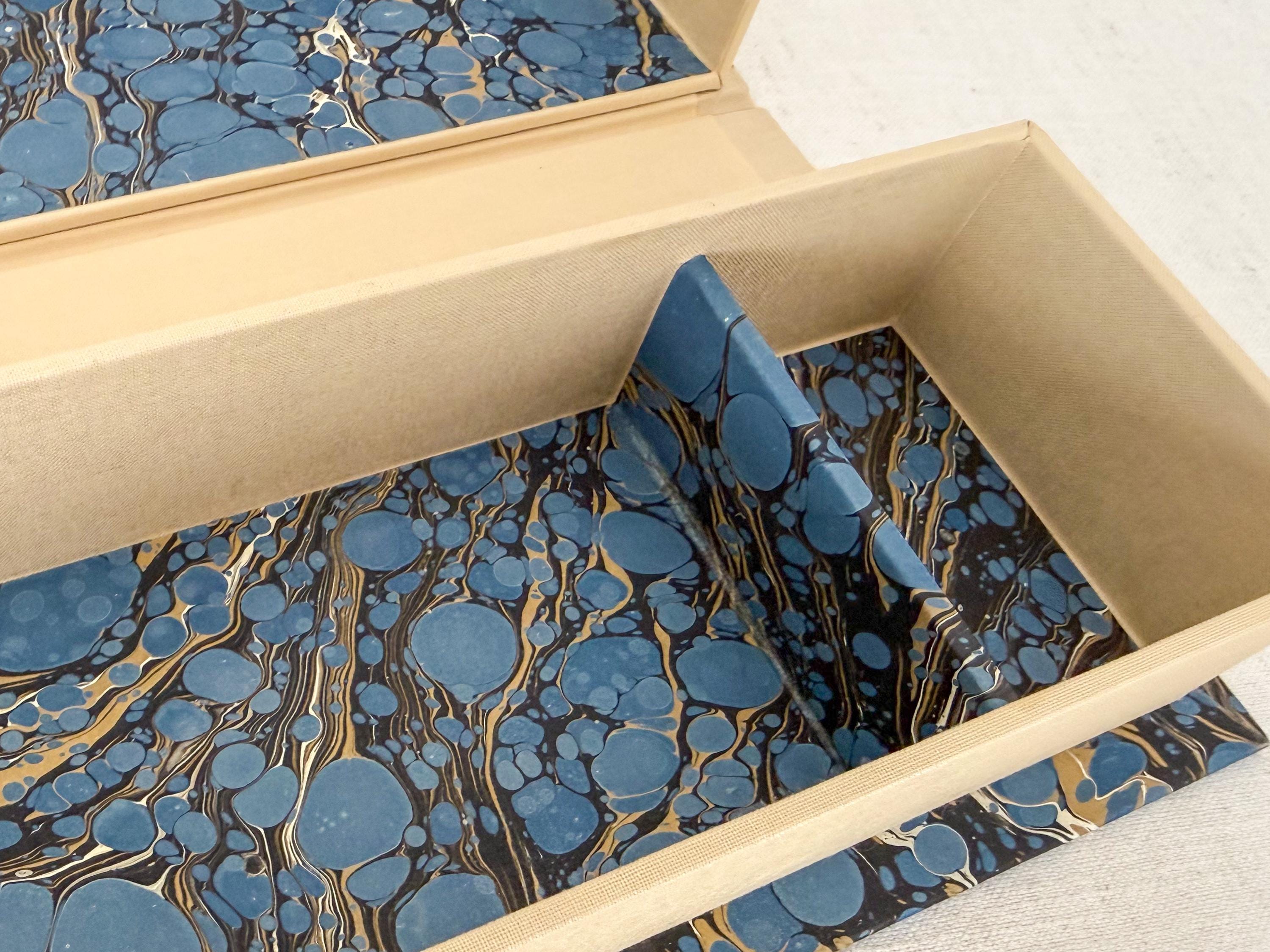 Large Hand Marbled Clamshell Box, One of a Kind Blue Desk Organiser Storage