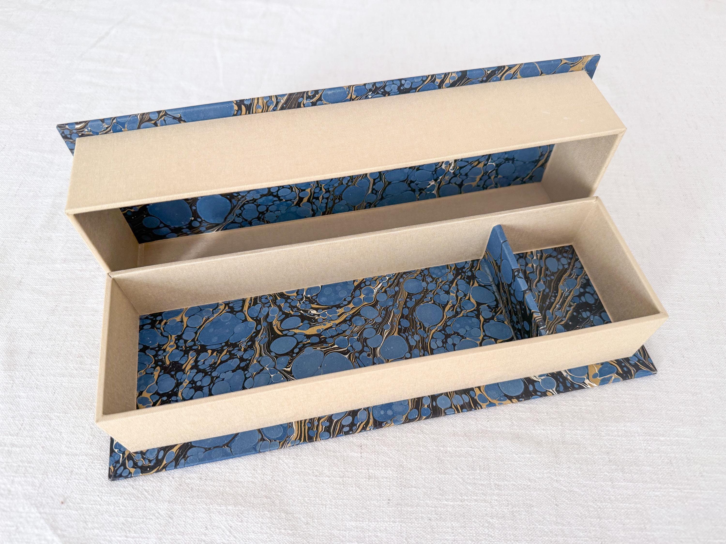 Large Hand Marbled Clamshell Box, One of a Kind Blue Desk Organiser Storage