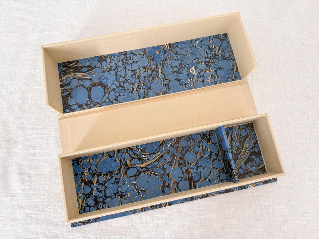 Large Hand Marbled Clamshell Box, One of a Kind Blue Desk Organiser Storage
