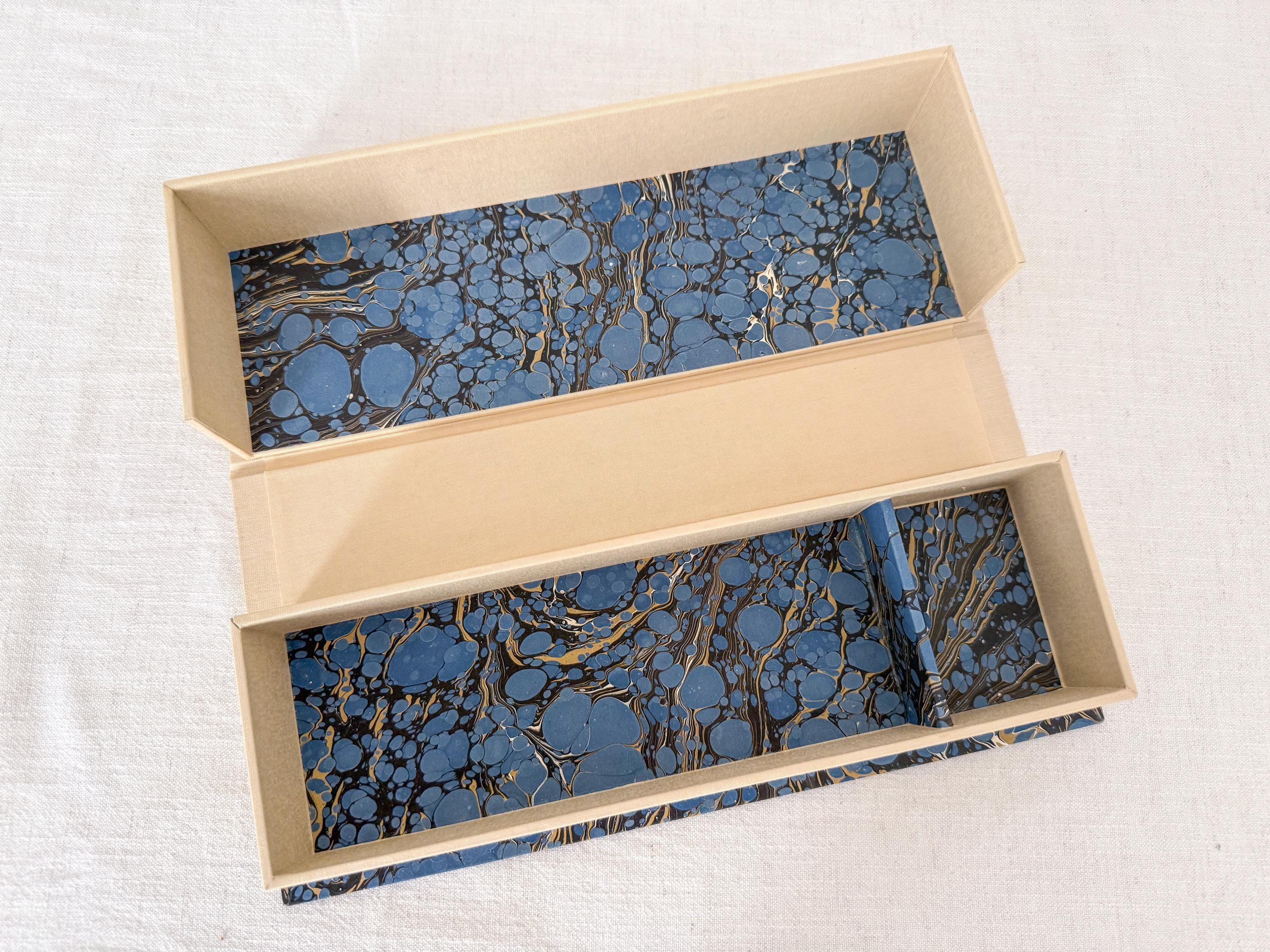 Large Hand Marbled Clamshell Box, One of a Kind Blue Desk Organiser Storage