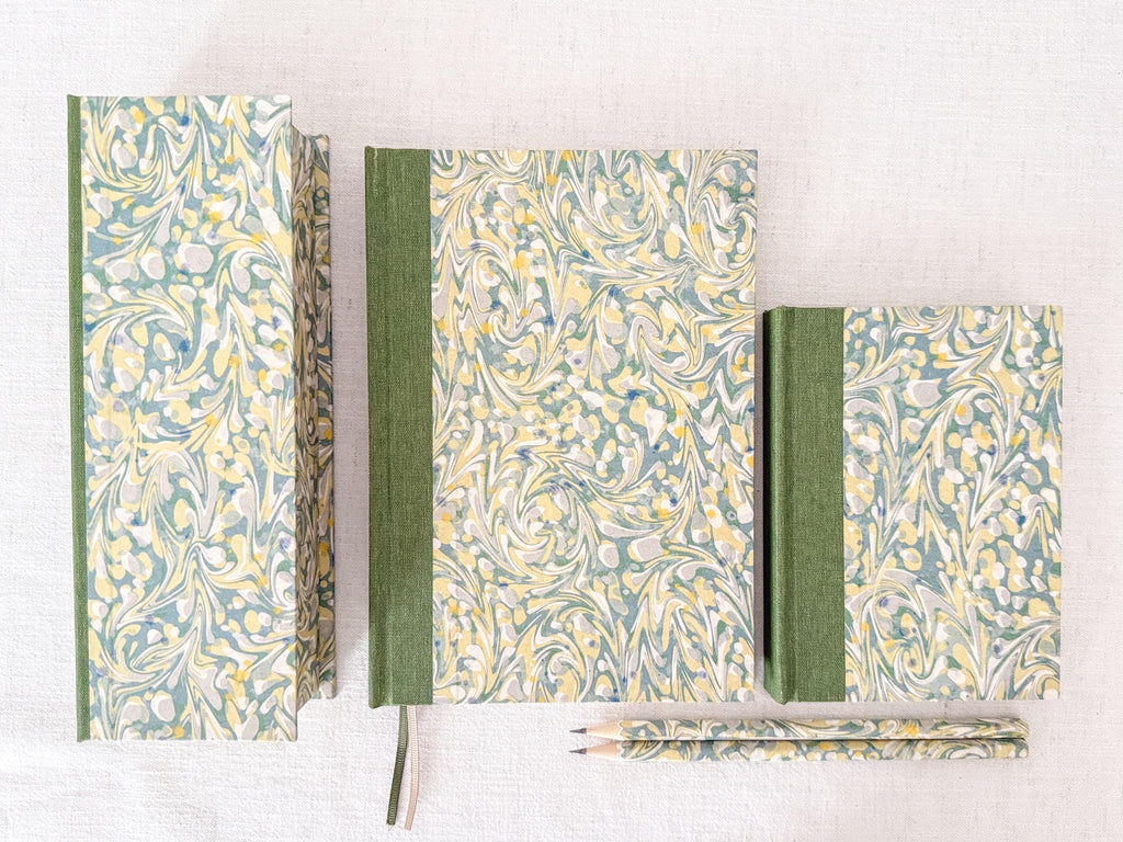 Green Clamshell Desk Organiser, Stationery Storage Box, Matching Desk Set with Notebooks