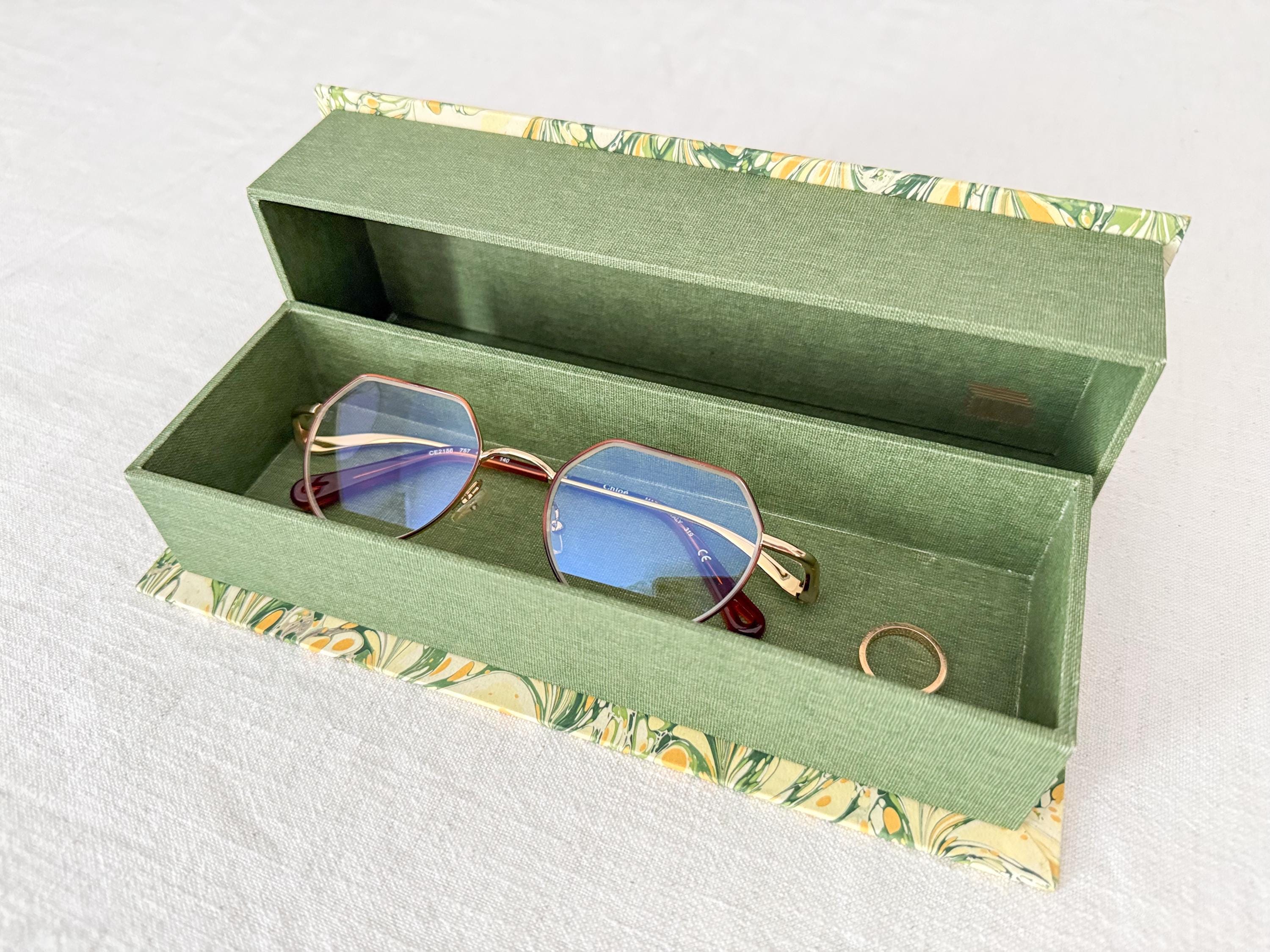 Hand Marbled Clamshell Box, One of a Kind Green Desk Organiser, Glasses Case