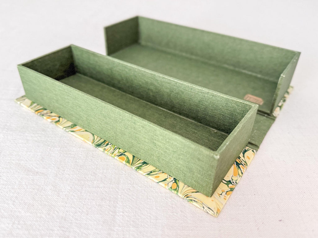 Hand Marbled Clamshell Box, One of a Kind Green Desk Organiser, Glasses Case