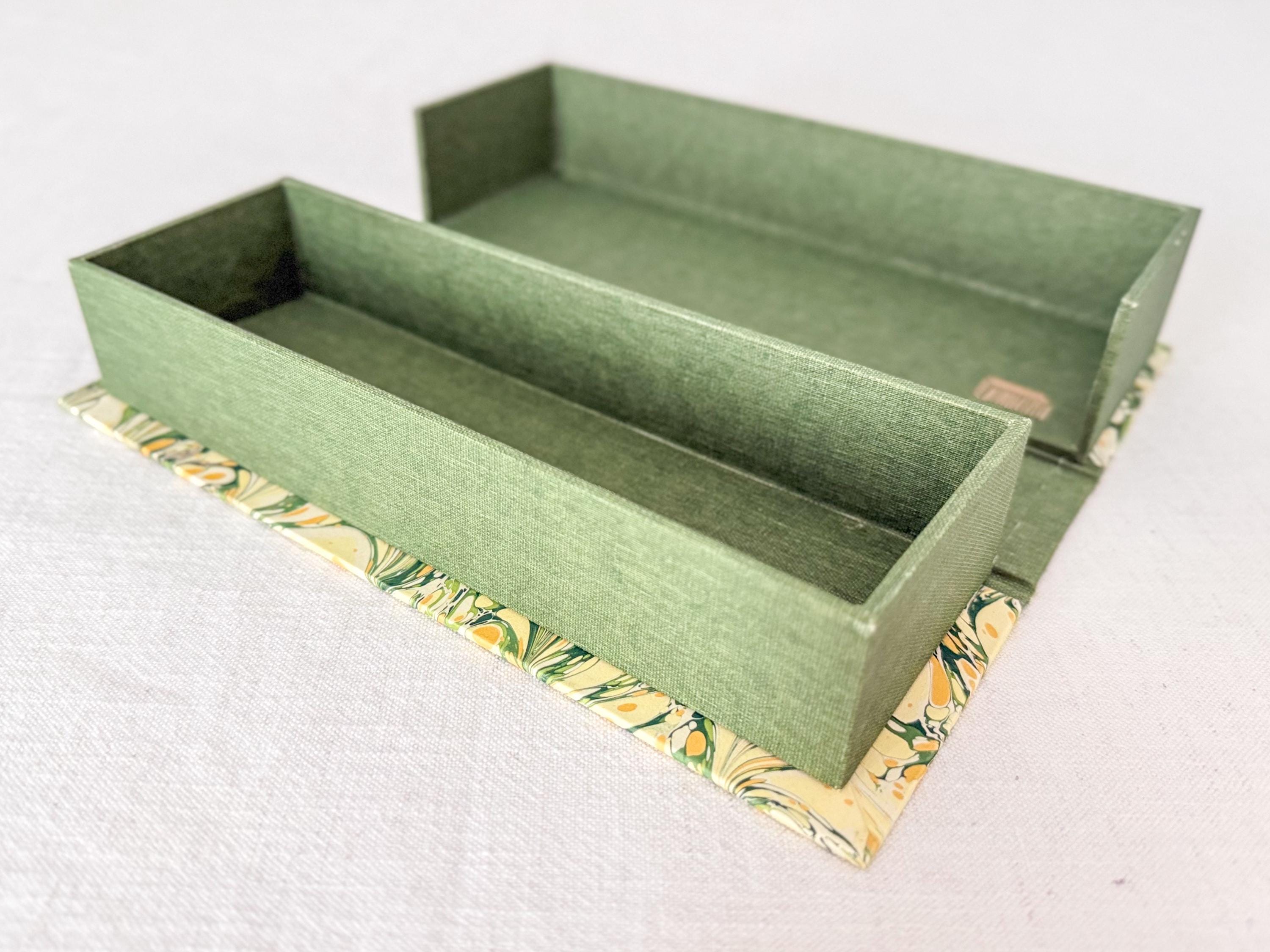 Hand Marbled Clamshell Box, One of a Kind Green Desk Organiser, Glasses Case