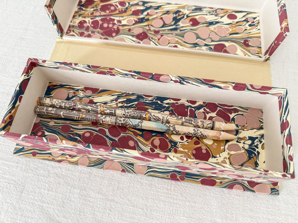 Hand Marbled Clamshell Box, Desk Organiser for Stationery, Jewellery Storage Box