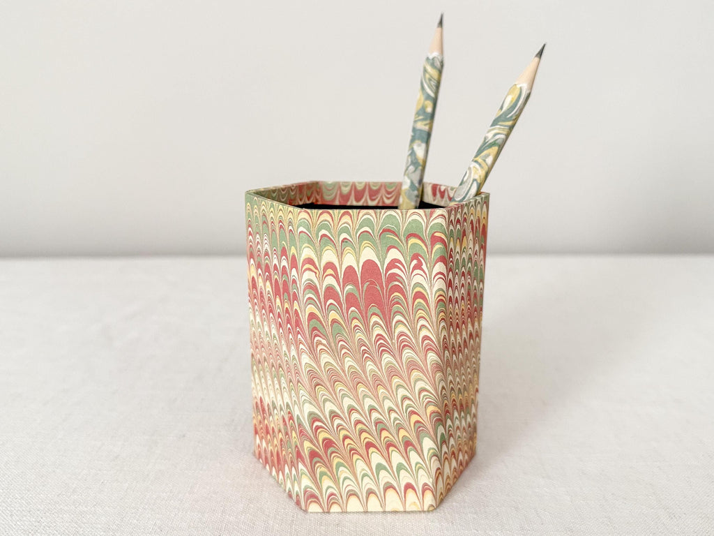Hand Marbled Pen Pot for Desk, Hexagonal Pencil Holder, Pink Green Tidy
