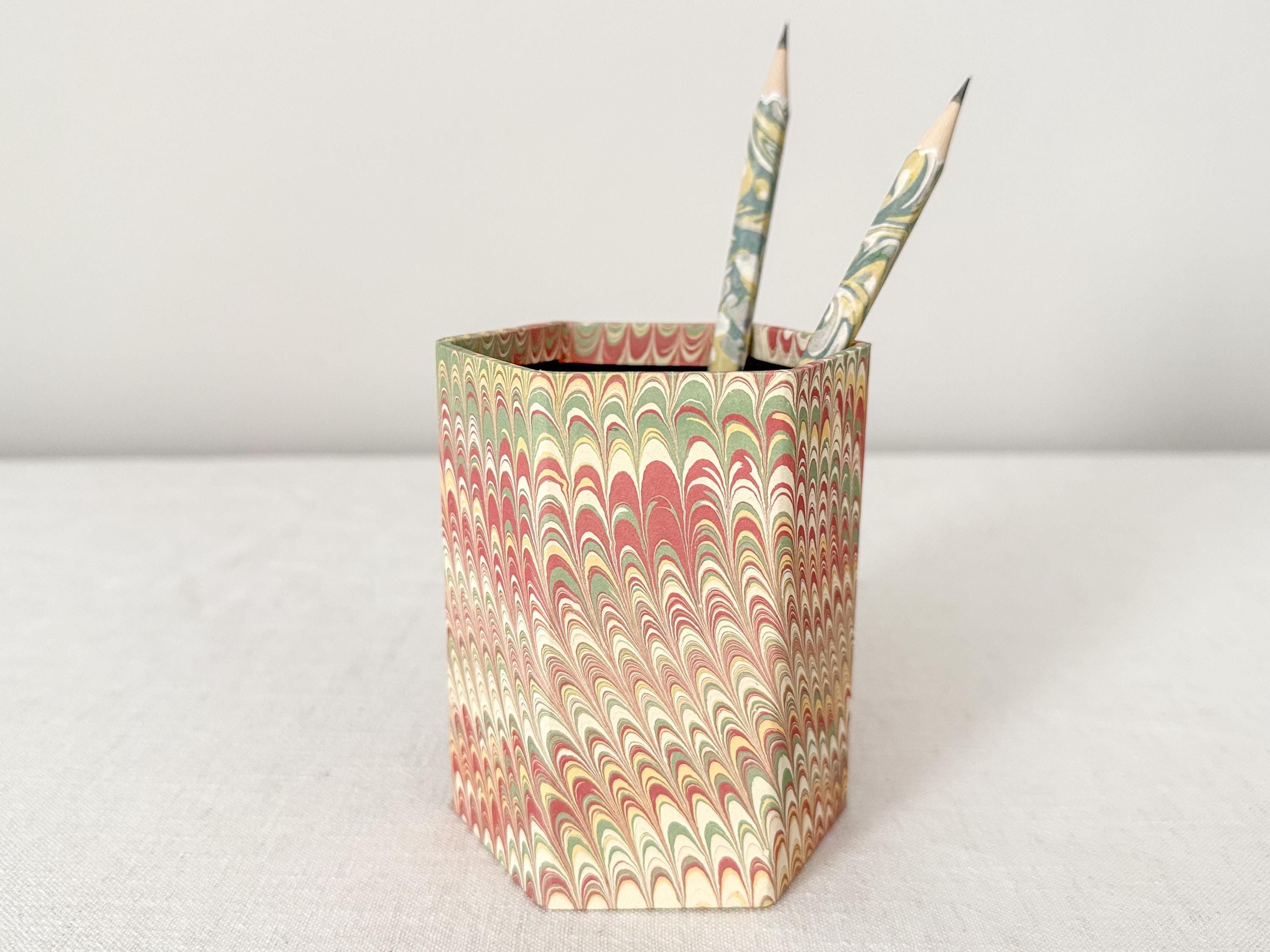 Hand Marbled Pen Pot for Desk, Hexagonal Pencil Holder, Pink Green Tidy