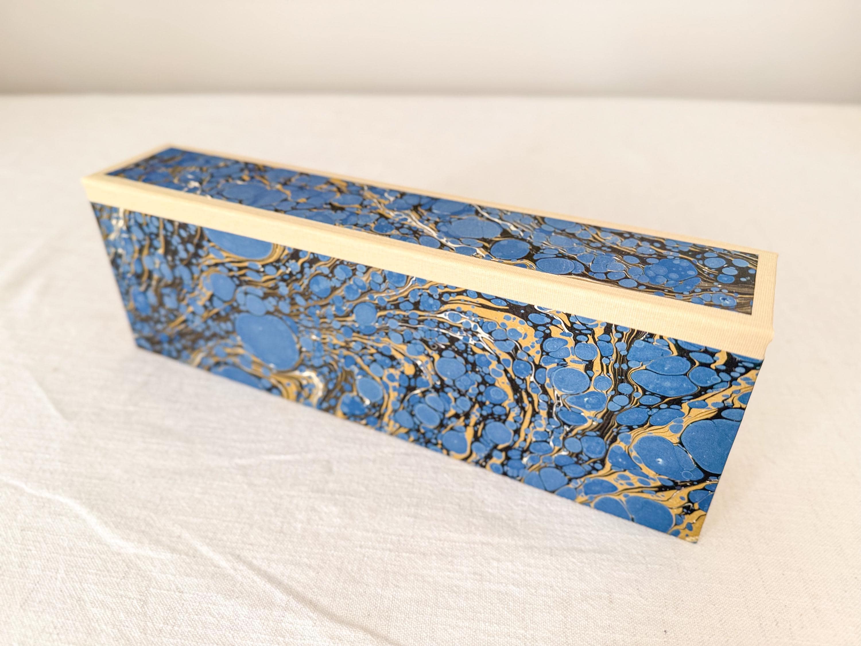 Large Hand Marbled Clamshell Box, One of a Kind Blue Desk Organiser Storage
