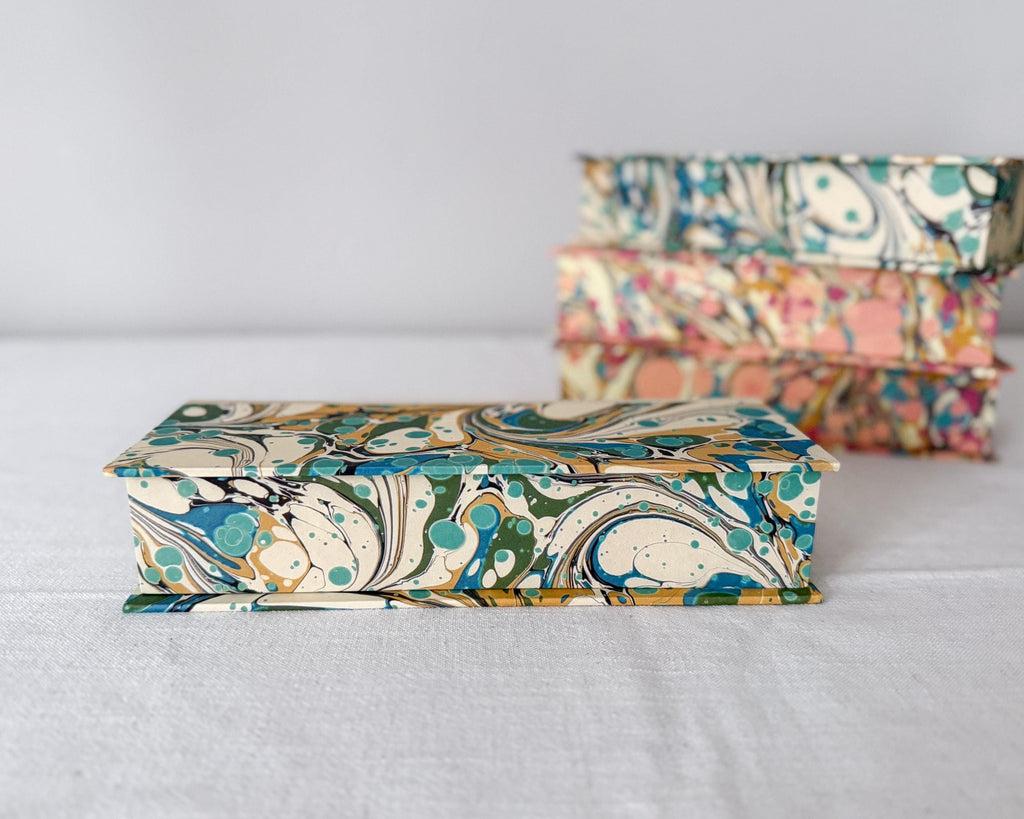 Teal marbled desk organiser angle view handmade – Making SAGAK