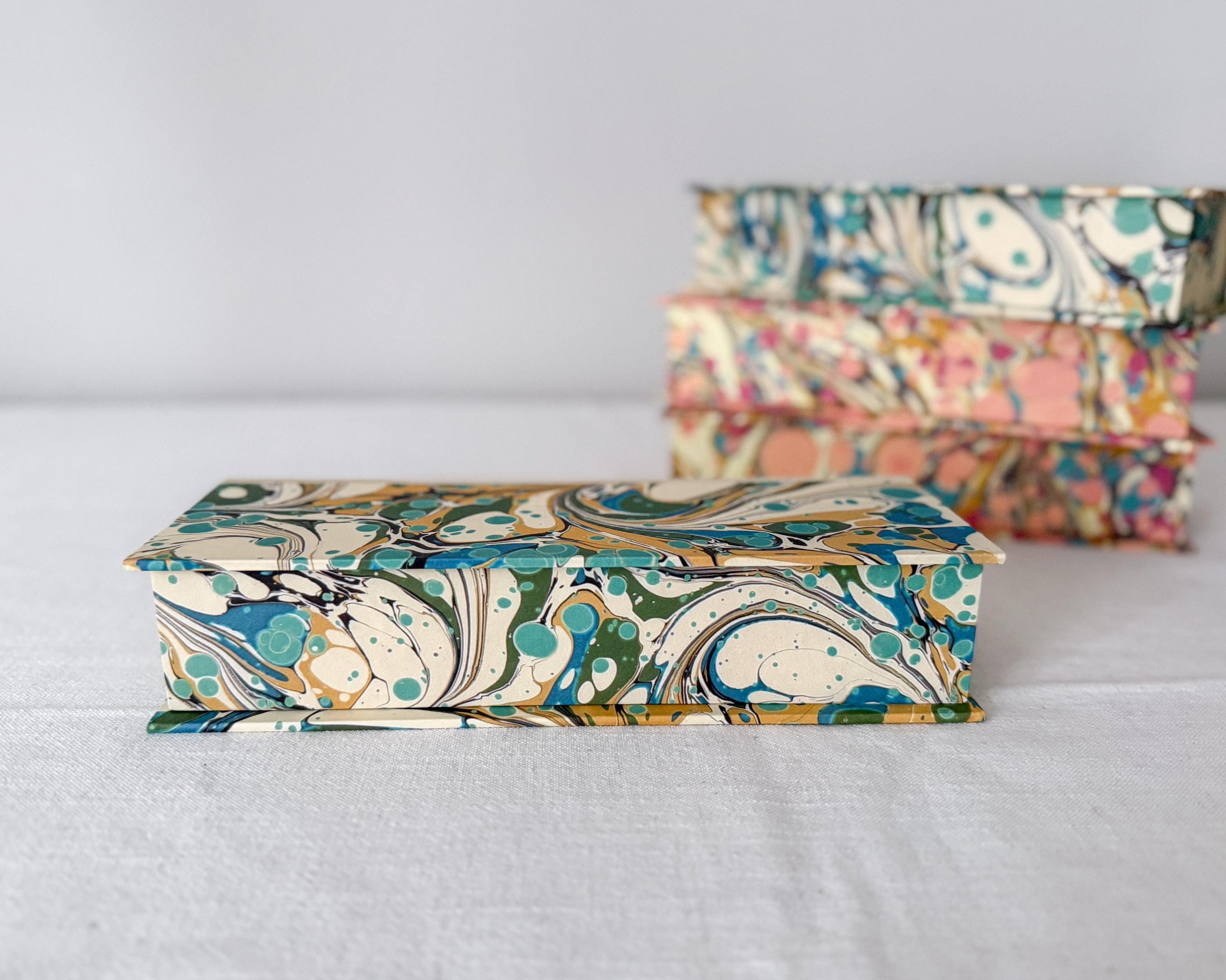Teal marbled desk organiser angle view handmade – Making SAGAK